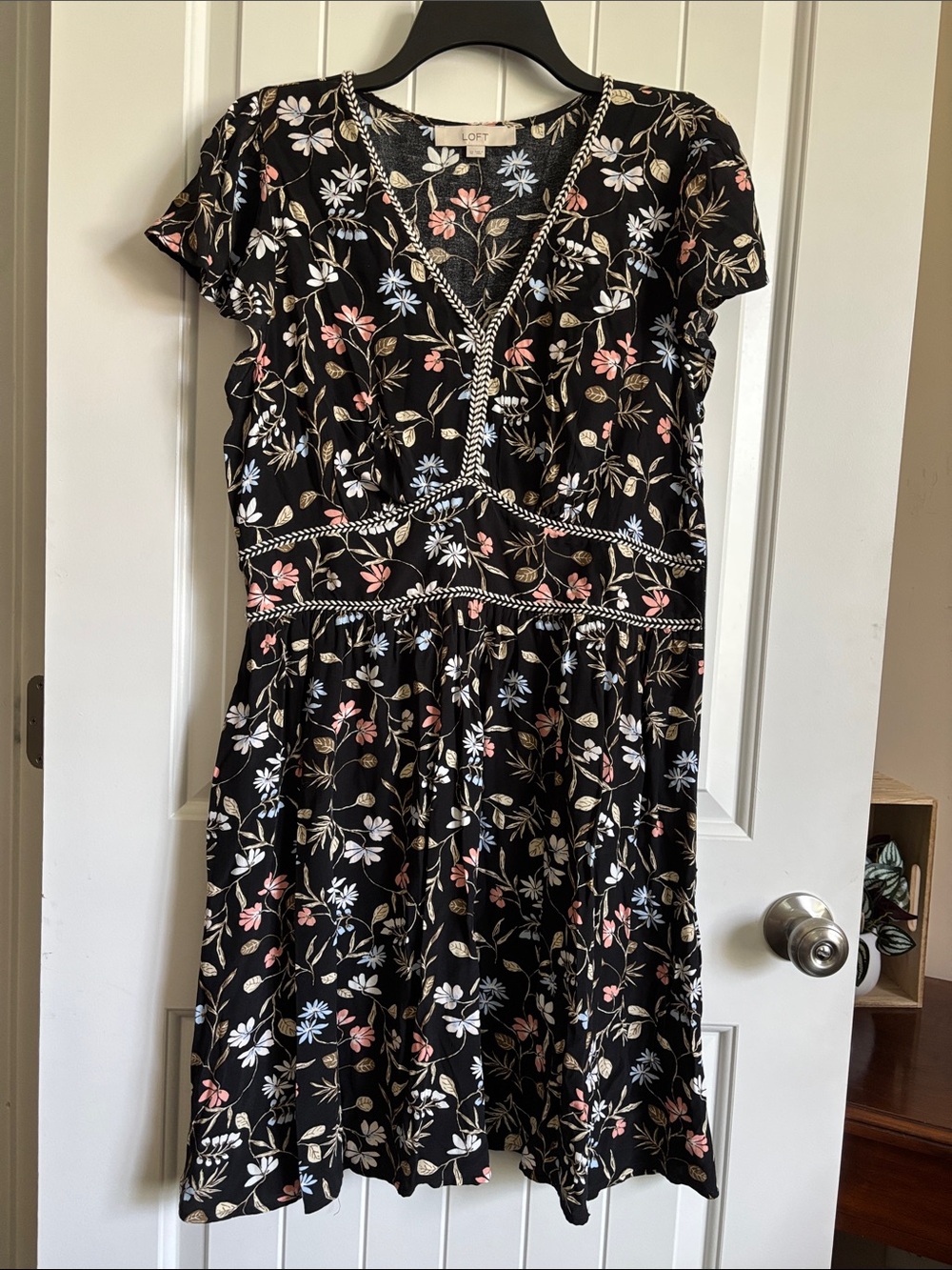 LOFT Black Floral Midi Dress with Pink & Light Blue Blooms
